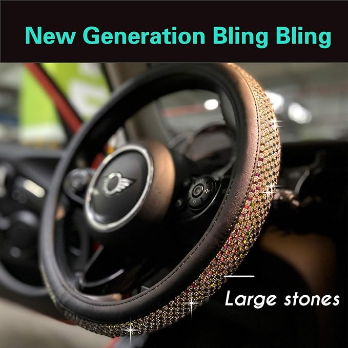 Large Size Bling Comfy Steering Wheel Cover with Jumbo Crystal Rhinestones, Anti-Slip Diamond Leather, 15.5-15.75 Inch (Colorful)
