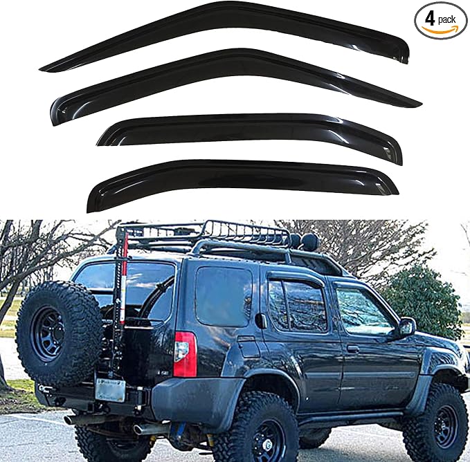Set of 4 Front+Rear Smoke Sun/Rain Guard Outside Mount Tape-On Acrylic Window Visors Compatible with 00-04 Xterra