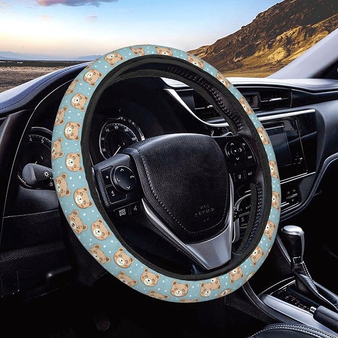 Cute Bear Love Steering Wheel Covers Anti-Slip Elasticity Car Accessories Steering Wheel Protector Universal 15 Inch for Cars SUV Vehicle Truck