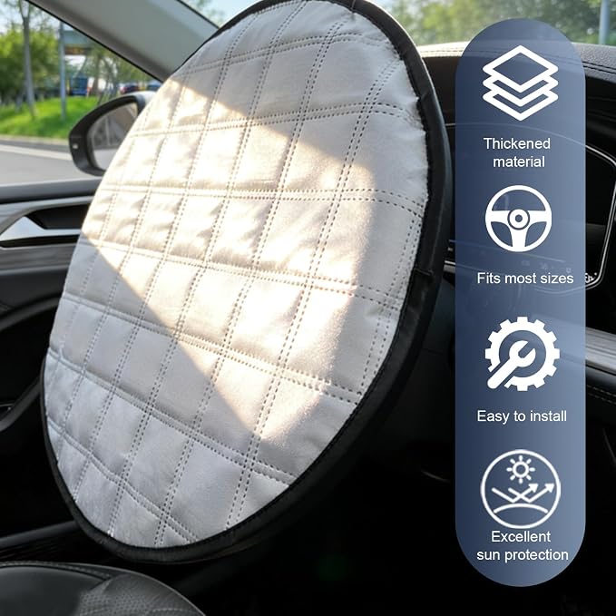 1 PC Steering Wheel Sunshade Cover, 16.93" Slip-on Steering Wheel Heat Shield Protector, Foldable Portable Anti-Scalding Cooling Driving Handle Sun Cover, Universal for Most Cars (Silver)