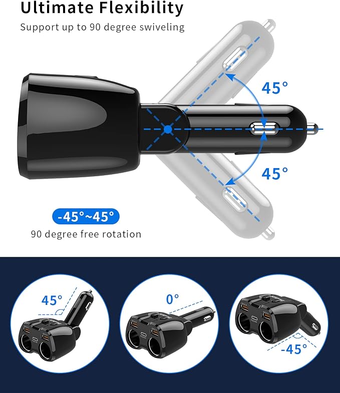 [2026 Upgraded] Cigarette Lighter Splitter, 180W 2-Socket Cigarette Lighter Adapter with Dual QC3.0 and 20W PD USB C Car Charger Splitter for GPS/Dash Cam/Laptop/iPad/iPhone 17/16/15/14/13/12