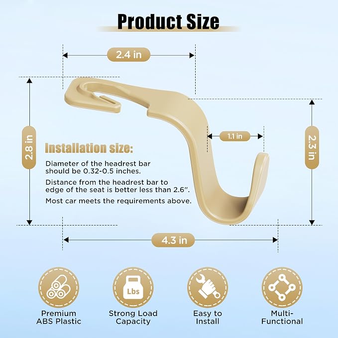 Car Seat Headrest Hook 4 Pack Hanger Storage Organizer Universal for Handbag Purse Coat Universal fit Vehicle Car Beige with Clip