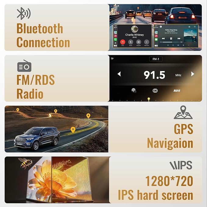 10.1 Inch Double Din Android Car Stereo with Wireless Apple CarPlay & Android Auto - 2GB RAM 64GB ROM, IPS Touchscreen, GPS Navigation, Bluetooth, Supports 720P AHD Backup Camera