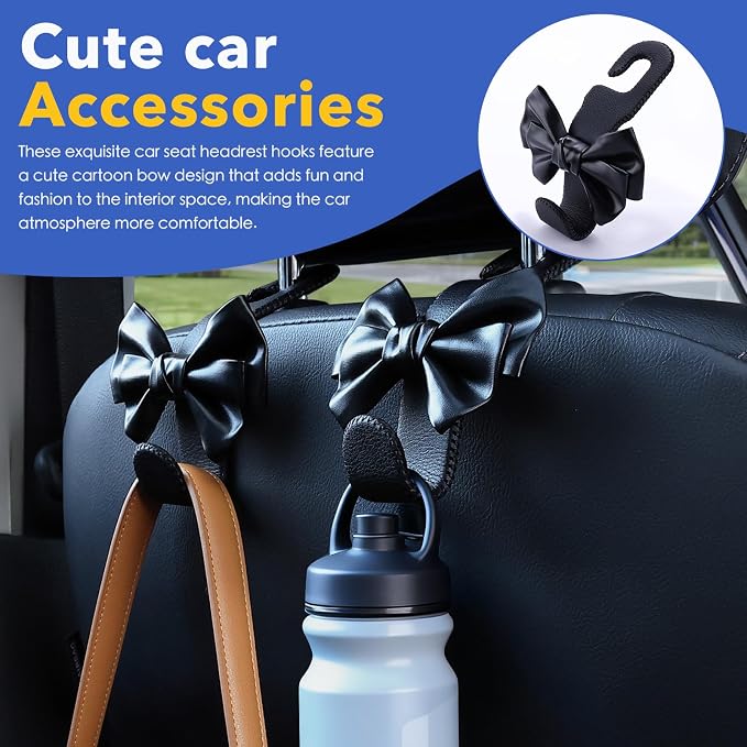 Car Seat Headrest Hooks, Leather Cute Bow Vehicle Hooks for Purses and Bags, Automotive Purse Hook Hanger Interior Decoration Accessories, Universal for SUV, Sedan, Truck (Black, 2 Pack)