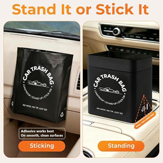 Disposable Car Trash Bags, 60 Count Stand-Up & Stick-On Car Garbage Bags, 2 Gallon Leakproof Odor Seal Heavy Duty Car Trash Can Alternative for Car SUV Truck
