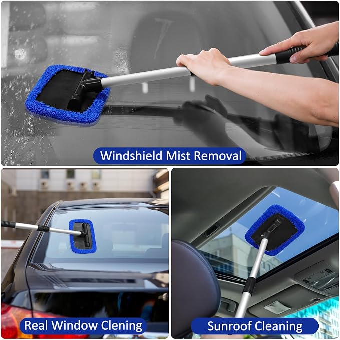 20 Pieces Windshield Cleaner Tool, Inside Car Windshield Cleaning Tool with 12 Microfiber Pads, 4 Spray Bottle, and Extendable Handles Car Window Cleaning Tool Kit, Blue