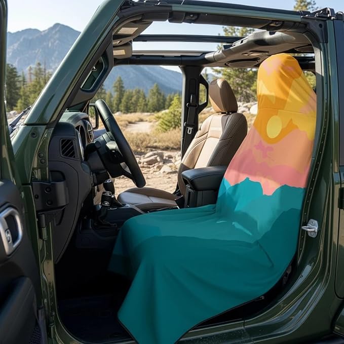 Car Seat Towel Cover – Microfiber Hooded Seat Cover – 30” x 60” Moisture-Wicking Running Seat Protector for Runners – Sunset Summit