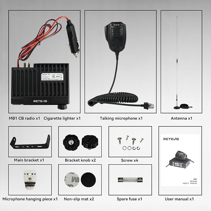 MB1 CB Radio Kit, Noise Cancellation AM/FM Mini CB Radio with Antenna, 12V/24V Cigarette Lighter Plug, 7-Color Screen, Emergency Channel 9/19, VOX, Auto-Scan, for Truckers