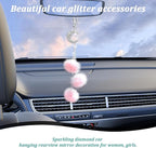 Bling Diamond Heart Car Interior Accessories, Car Mirror Hanging Ornament for Women, Love Heart & Pink Plush Ball Decor Ornament Pendant (Moon/Pink)