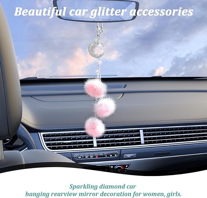 Bling Diamond Heart Car Interior Accessories, Car Mirror Hanging Ornament for Women, Love Heart & Pink Plush Ball Decor Ornament Pendant (Moon/Pink)