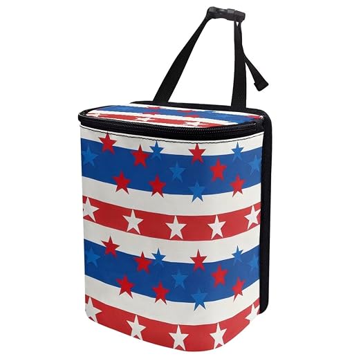 American Flag Star Print Car Trash Can with Lid, 4th of July Leak Proof Auto Trash Bag Hanging Vehicle Garbage Can Multipurpose Storage Container for Back Seat Road Trip