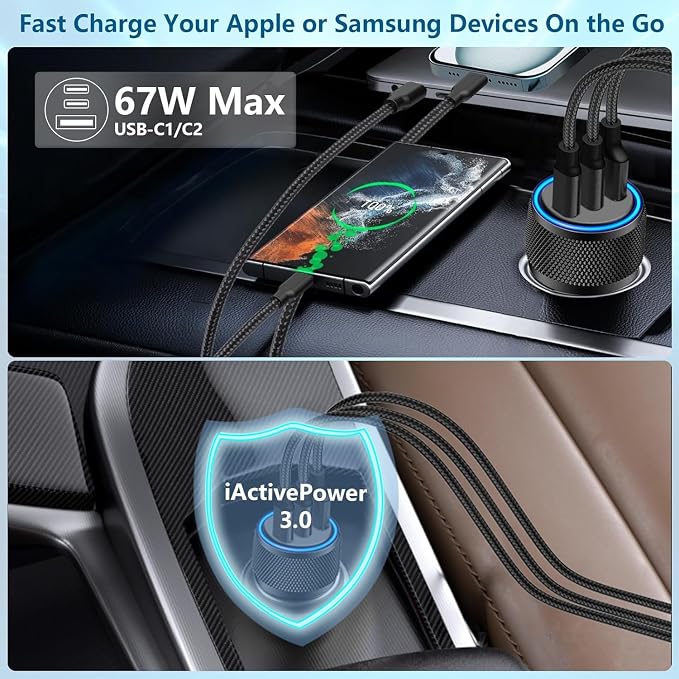 USB C Car Charger for iPhone 17, 2Pack 67W 3-Port USB-C & USB-A Fast Car Charger Cigarette Lighter Fast Charging for iPhone 17/16/15/14/13/12/Pro Max, iPad Pro, Galaxy, Google Pixel, Android