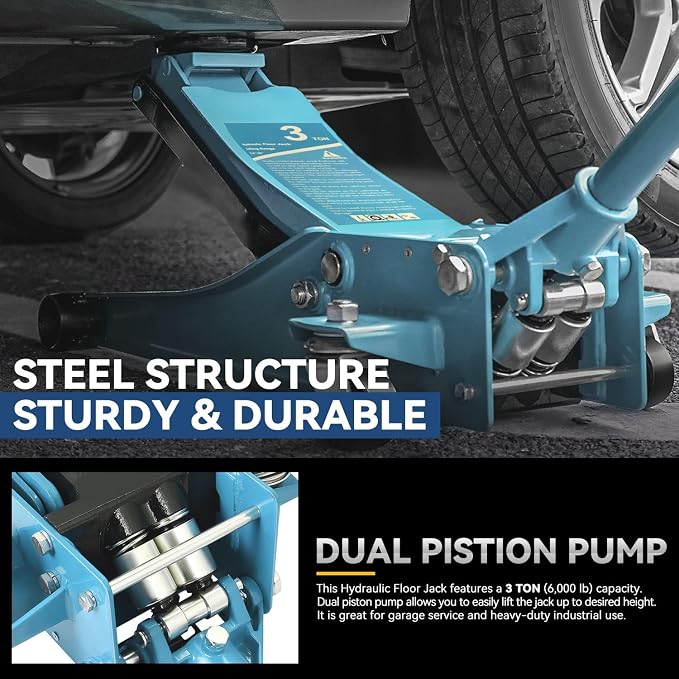 3 Ton Low Profile Floor Jack, Heavy Duty Steel Hydraulic Car Jack with Dual Pistons Quick Lift Pump, Hydraulic Racing Floor Jack, Lifting Range 3" to 20", Sky Blue