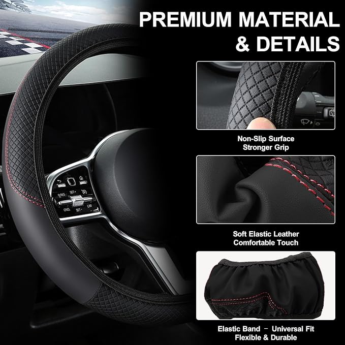 Car Steering Wheel Cover, 15 inch Carbon Fiber Microfiber Anti-Slip Breathable PU Leather Elastic Steering Wheel Protector, Car Interior Accessories for Most Cars (AD-Black)