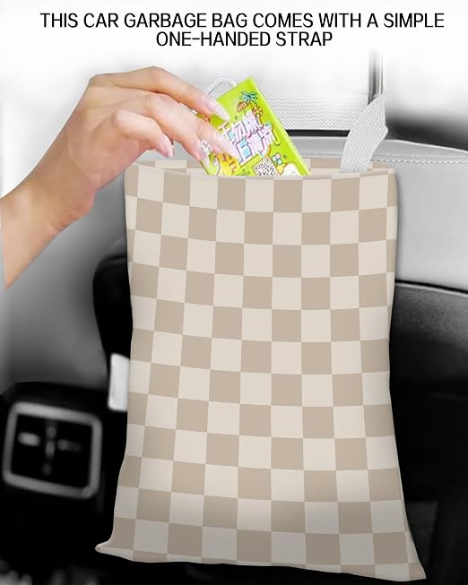 Car Trash Can, Durable Hanging Car Trash Garbage Bag, Cute Automotive Garbage Cans Organizer, Luxury Beige Checkerboard