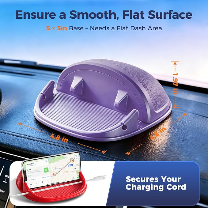 Car Phone Holder, Car Phone Mount Silicone Car Pad Mat for Various Dashboards, Slip Free Desk Phone Stand Compatible with iPhone, Samsung, Android Smartphones, GPS Devices More (Purple)