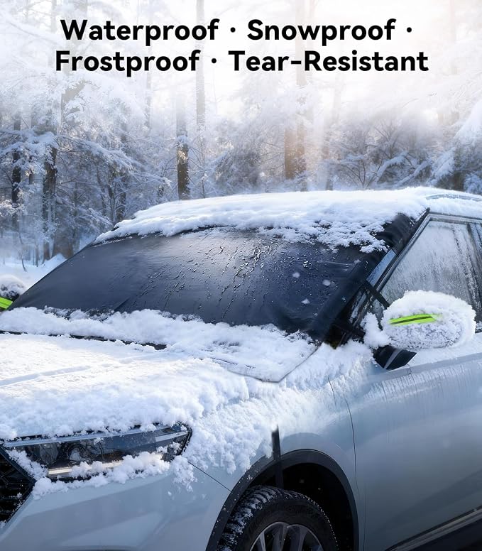 3-in-1 Windshield Snow Cover for Ice & Snow Frost — 600D Heavy Cover & Ice Scraper Complete Winter Protection with 360° Windproof Design and Multi-Layer Winter Car Kit for Cars, Trucks, SUVs