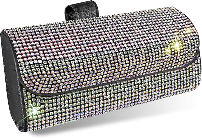 Bling Sunglasses Holder for Car Sun Visor, Rhinestone Auto Eyeglasses Mount Clip Organizer, Leather Sunvisor Sunglasses Storage Case, Universal Glasses Holder Clips for SUV, Sedan, Van (AB)