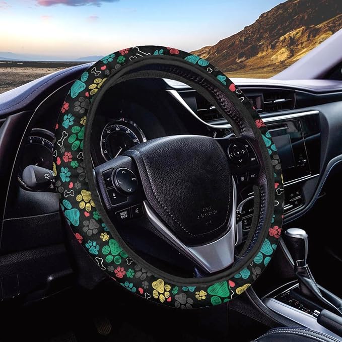 Puppy Paws Print Steering Wheel Protection Stretch-on Fabric Machine Washable Women Men Neoprene Automotive Steering Wheel Covers Sweat Absorption Comfort Grip for Driver Black Colorful