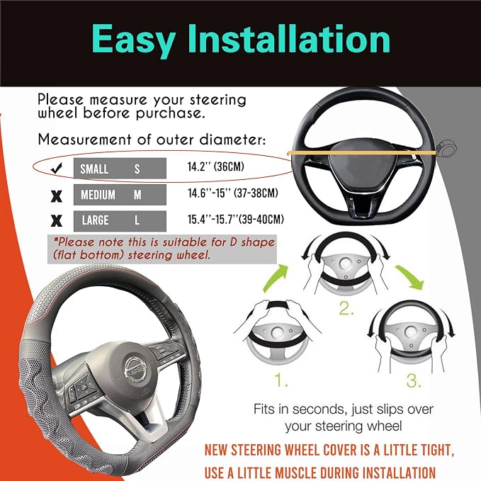 D Shaped 14 Inch Small Sized Steering Wheel Cover Great Grip with 3D Honeycomb Anti-Slip Design, Flat Bottom 14 Inch (Black/Red Stitch)