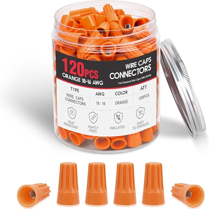 120PCS Orange Wire Connectors Kit 18-16 AWG Electric Wire Caps Insulating Insert Twist Electrical Wire Terminal with Spring for Connect Electrical Wiring Automotive Car Truck Boats Marine