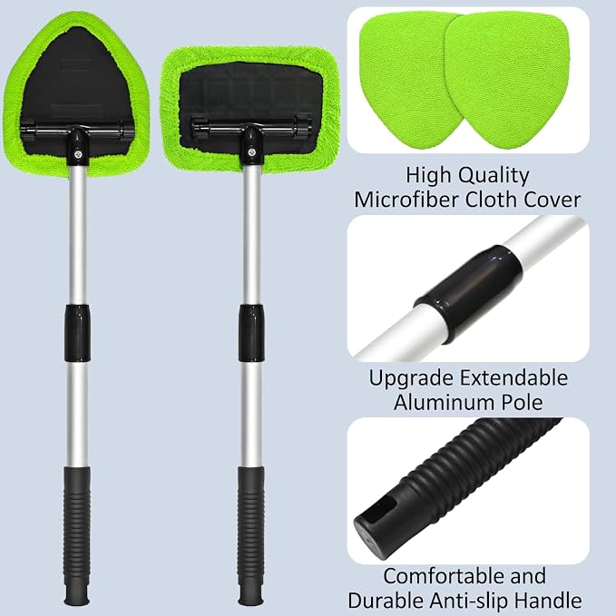 20 Pieces Windshield Cleaner Tool, Inside Car Windshield Cleaning Tool with 12 Microfiber Pads, 4 Spray Bottle, and Extendable Handles Car Window Cleaning Tool Kit, Green