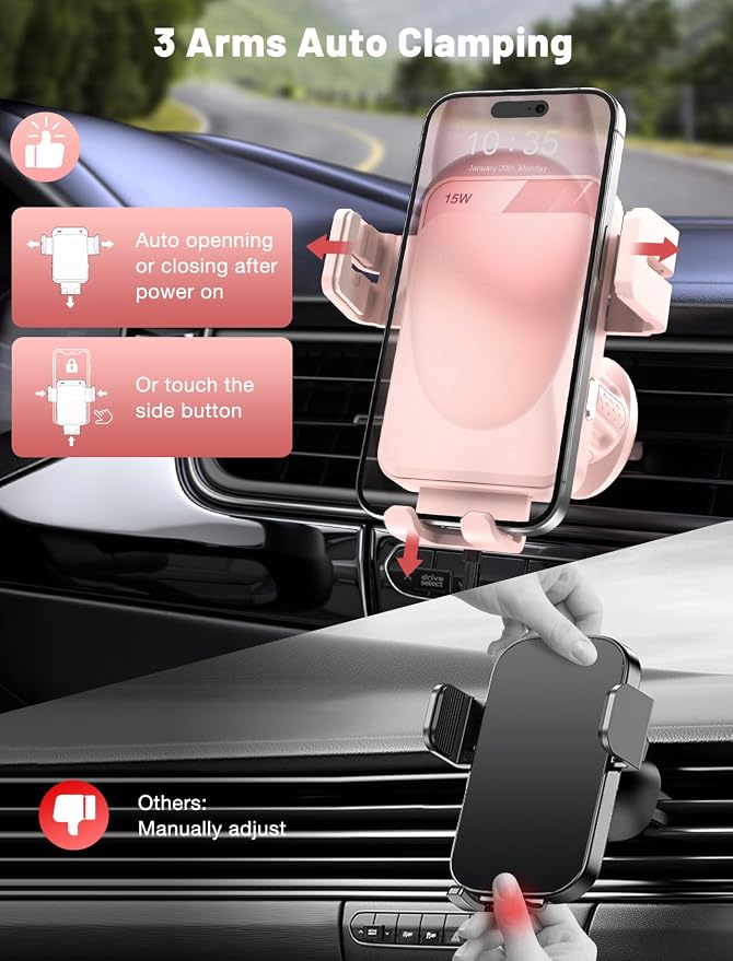 Wireless Car Charger, Auto-Clamping Car Mount 15W/10W/7.5W Fast Charging Air Vent Car Phone Mount Compatible with iPhone 15/14/13/13 Pro/12 Pro Max/12 pro/12/11/10 Series, Samsung Galaxy Pink