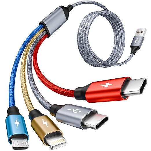 4 in 1 Multi Charging Cable,Dual Type-C Multiple Charger Cable Nylon Braided Multi USB Cable Charging Cord with IP/Type C/Micro USB Ports for Cell Phones/iPhone/Tablets/Galaxy & More-1Pack 5ft.