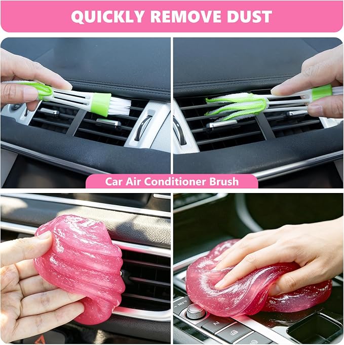 Windshield Cleaning Tool, 13PCS Car Detailing Kit Interior Cleaner, Car Window Cleaner with Extendable Handle, Car Interior Cleaning Kit with Detailing Brushes for Women Men (Pink)