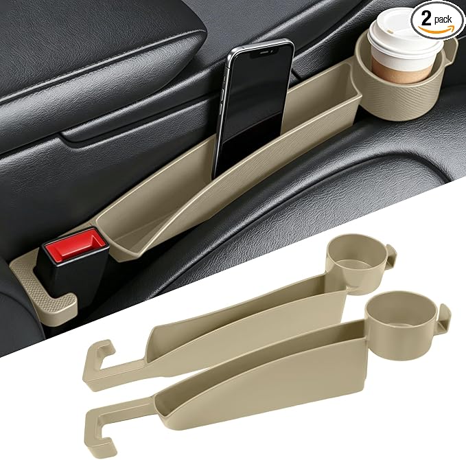 2PCS Car Seat Gap Filler Organizer, Multifunctional Vehicle Seat Side Gap Filler with Organizer & Cup Holder, Automotive Seats Crevice Stopper Gaps Plug, Universal Car Accessories (Beige)