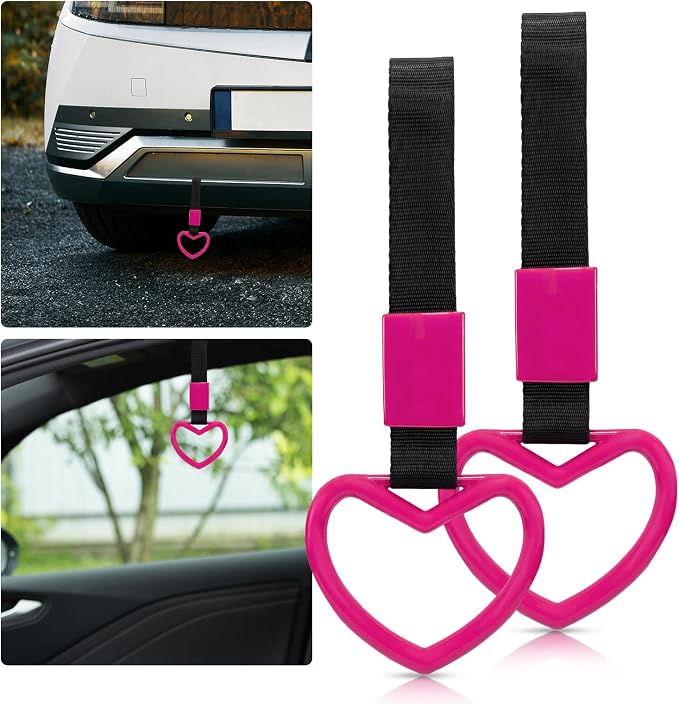 2 Pcs Heart Shaped Car Handle Strap – JD M Drift Charm Rear Bumper Warning Ring Decor for Car Interior Exterior, Subway Bus Handle Accessory, Cute Heart Car Decor Gift for Drivers (Hot Pink)