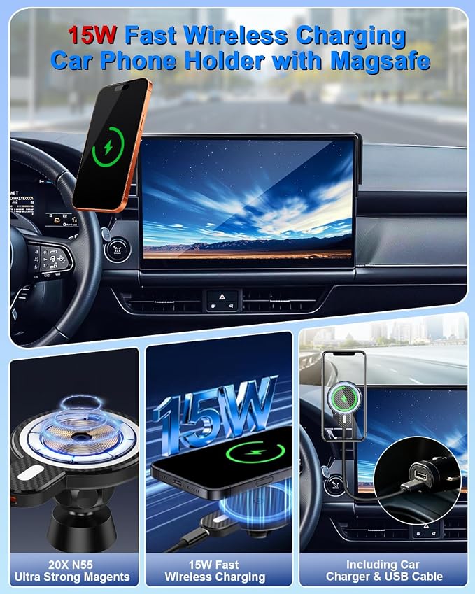 PZK Car Phone Holder for Toyota RAV4 2019-2025 Accessories 7/8-Inch Screen | Hybrid LE/XLE/Premium Magnetic 15W Fast Wireless Charger Car Phone Mount 360° Rotation Not Affect Vent (Not Fit 9/10.5'')