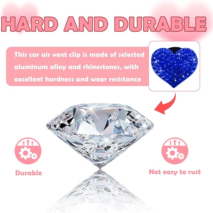 4PCS Heart-Shaped Car Vent Clips with Rhinestone,Bling Air Vent Clips Car Decorations,Premium Shiny Car Clips for Vents Accessories Interior (Royal Blue)