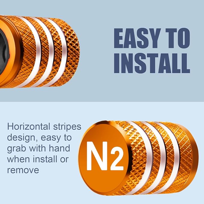 Tire Valve Stem Caps Cover - (5 Pack) Tire Air Cap N2 Nitrogen Metal with Plastic Liner Corrosion Resistant Leak-Proof for Car Truck Motorcycle Bike Orange