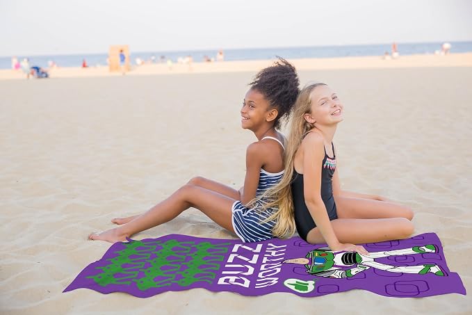 Children Beach Towel - 100% Cotton Super Soft Absorbent Bath Towel, 28" x 58" Inch Lightweight for Travel, Official Licensed Product, Purple - Toy Story Buzz Lightyear