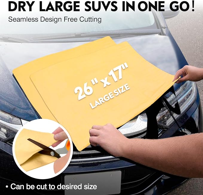 Premium Shammy Cloth for Car Drying 2pk (26”x17”)-Super Absorbent Chamois Towel for Car-Reusable Shammy Towel for Car, Bathroom,Pets, Dust Remove, No Spots/Streak/Scratch