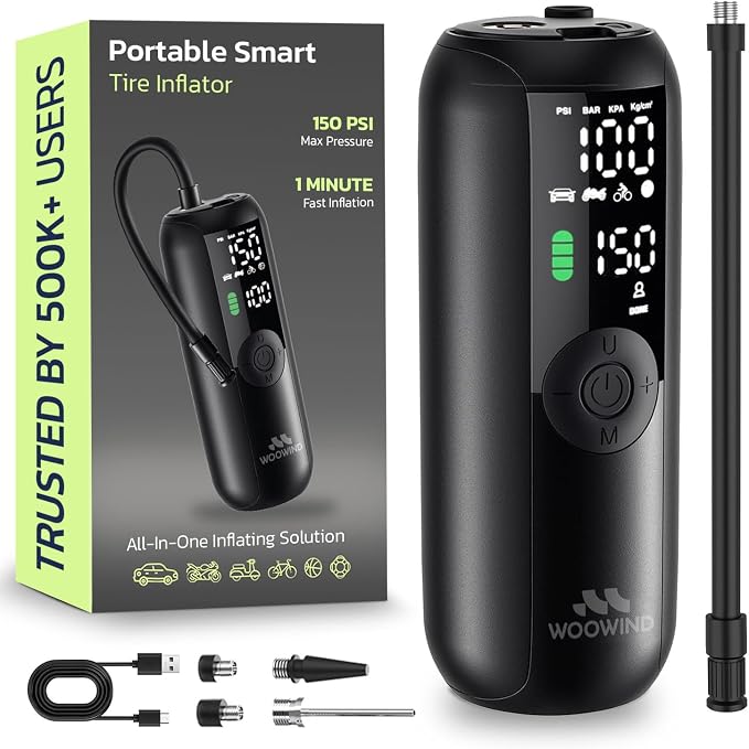 LP1 Bike Pump Portable Air Compressor, Tire Inflator for Car, 1 Minute Inflation, 150PSI Air Pump for Car Tires, Bikes, Motorcycles, Balls - with Digital Pressure Gauge