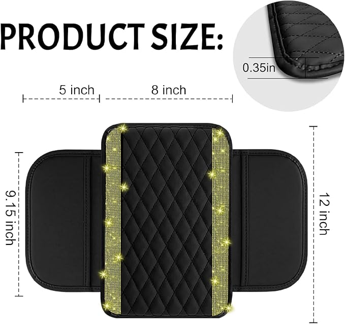 Bling Car Center Console Cover, Leather Car Arm Rest Cover Cushion with 2 Storage Bags, Universal Auto Armrest Protector Storage Box, Bling Accessories Interior for Most Vehicles (Yellow)