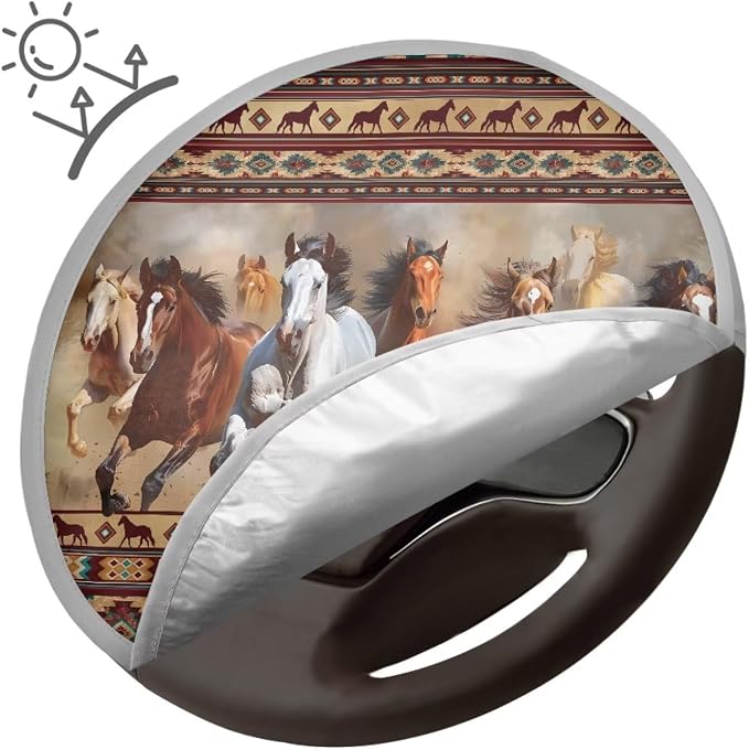 Aztec Horse Steering Wheel Cover Sun Shade 17 inch Universal Insulated Steering Wheel Cover for Cars SUV Truck Van Anti-Heat Steering Wheel Sun Block Cover Heat Reflector