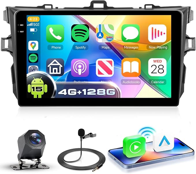 4G+128G Android 15 Car Radio for Toyota Corolla 2009-2013, Wireless CarPlay Android Auto, 9’’ Incell HD Touch Screen Car Stereo with GPS, WiFi, Bluetooth 5.0, FM, 32 EQ, SWC, Backup Camera