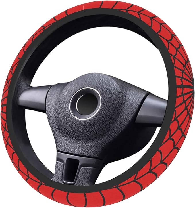 Car Steering Wheel Cover for Women Men, Non-Slip Red Spider Web Steering Wheel Protector, Universal 14"-15" Fit for Cars, SUVs, Trucks (Red Spider Web)