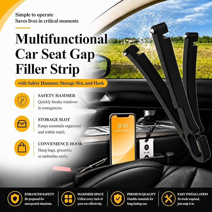2 PCS Car Seat Gap Filler Compatible with Explorer, Edge, Escape, Expedition & Bronco Sport Accessories, Seat Gap Organizer with Emergency Glass Breaker & 1 Sunglasses Holder, Black.