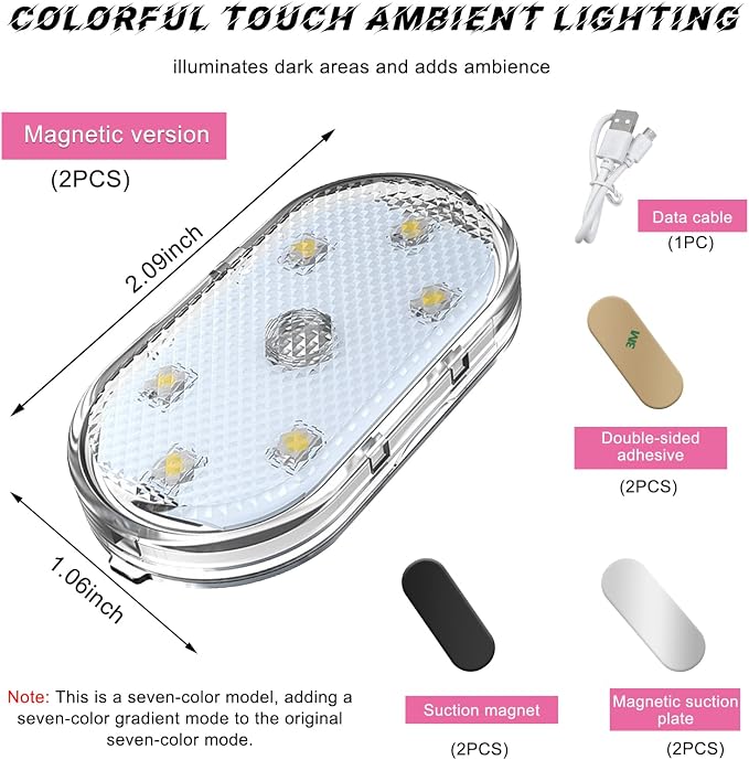 2 PCS Wireless Led Lights for Car Interior, 7 Colors Magnetic Auto Ambient Light with 6 Bright LED Lamp Beads, USB Rechargeable Vehicle Led Night Light, Car Accessories (Colorful)