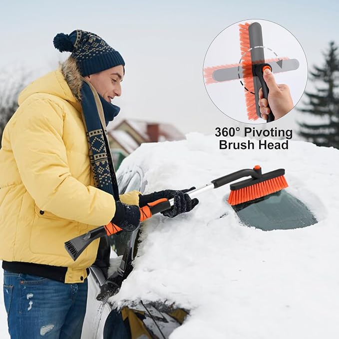 33" Extendable Snow Brush with Detachable Ice Scraper for Car Windshield with Foam Grip and 360° Pivoting Brush Head for Christmas Car Auto Truck SUV, Orange
