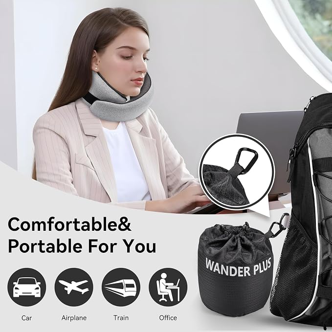 WANDER+ Plus® Travel Pillow, 100% Pure Memory Foam Travel Neck Pillow Airplane Neck Support Ergonomic Design Best for Sleeping Plane Car Train Office Flight for Adults Purple