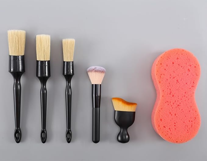 6PCS Car Detailing Brush Set, Ultra Soft Boars Hair Detail Brushes, Automotive Cleaning Brush Kit for Wheels, Air Vent, Leather Seats, Vehicles Auto Exterior Interior Detailing Brushes Tool