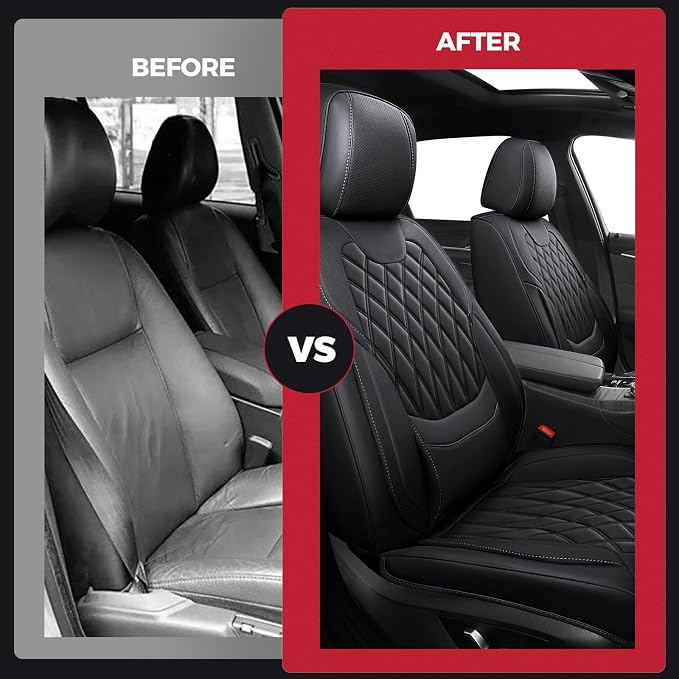 Car Seat Covers Front Seats - Luxury Breathable Waterproof Faux Leather Car Seat Cover Protectors with Lumbar Support, Universal Fit for Most 5 Seats Vehicles Sedans Hatchbacks Pick-ups, Black