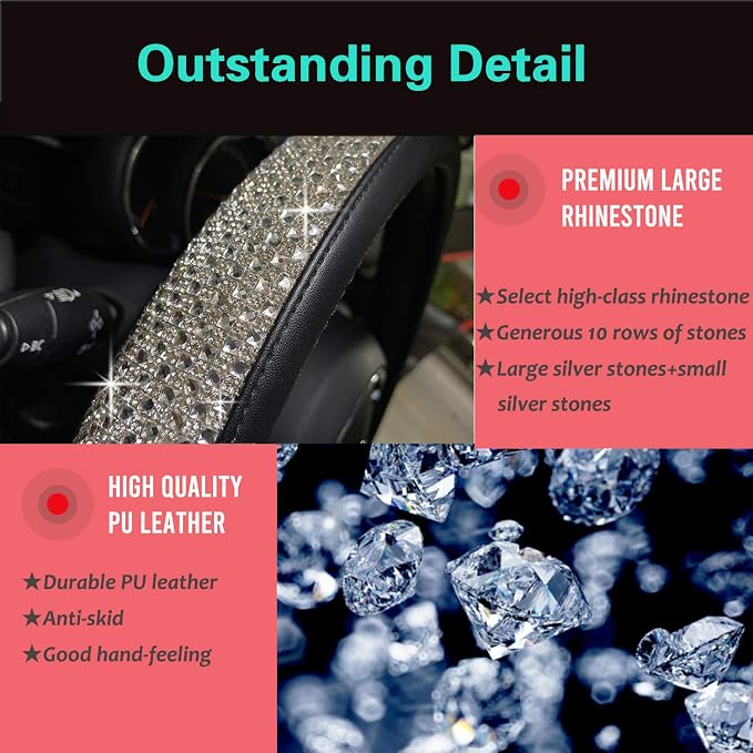 D Shaped Bling Comfy Steering Wheel Cover with Jumbo Crystal Rhinestones, Anti-Slip Diamond Leather, Flat Bottom 14.5-15 Inch (Silver)