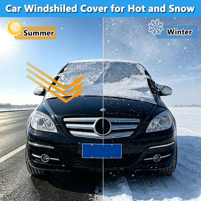 Car Windshield Snow Sun Cover ， 100x 77 Inches | Extra large thickened reflective strips, all season indoor outdoor, protects windshield wipers door handles side mirrors