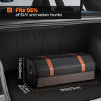 Car Trunk Organizer for SUV and Sedan, Orange‑Stripe Plaid, 29.5 in | Dual‑Material Dual‑Tone Craft, Extra Large, Leather Storage Box, Magnetic Lid, Collapsible & Adj, Water‑Resist & Dust‑Proof